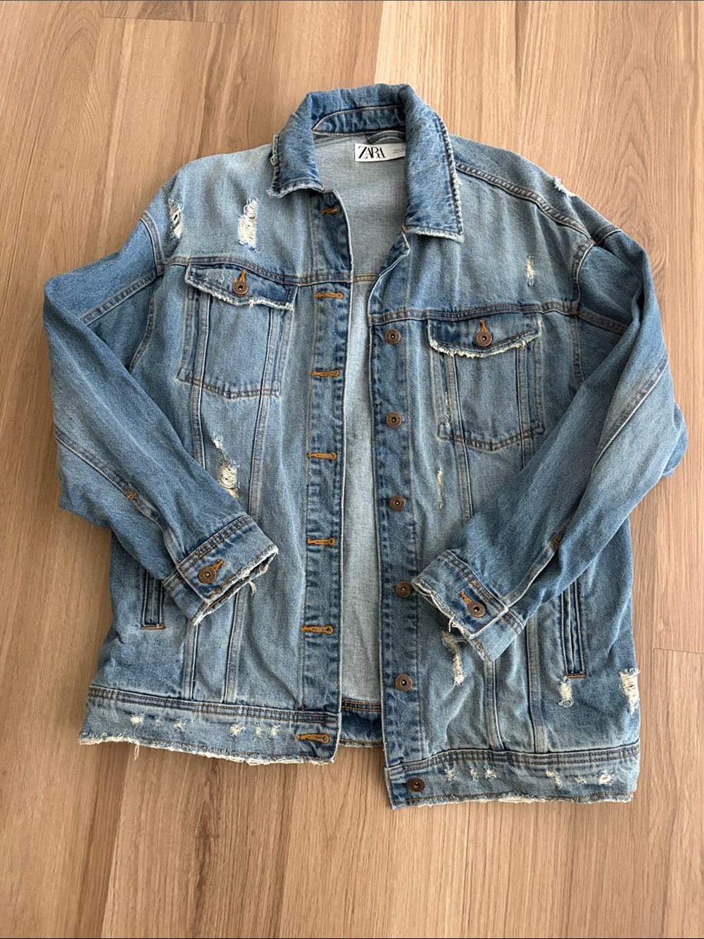 ZARA Light Blue Oversized Distressed Denim Jacket